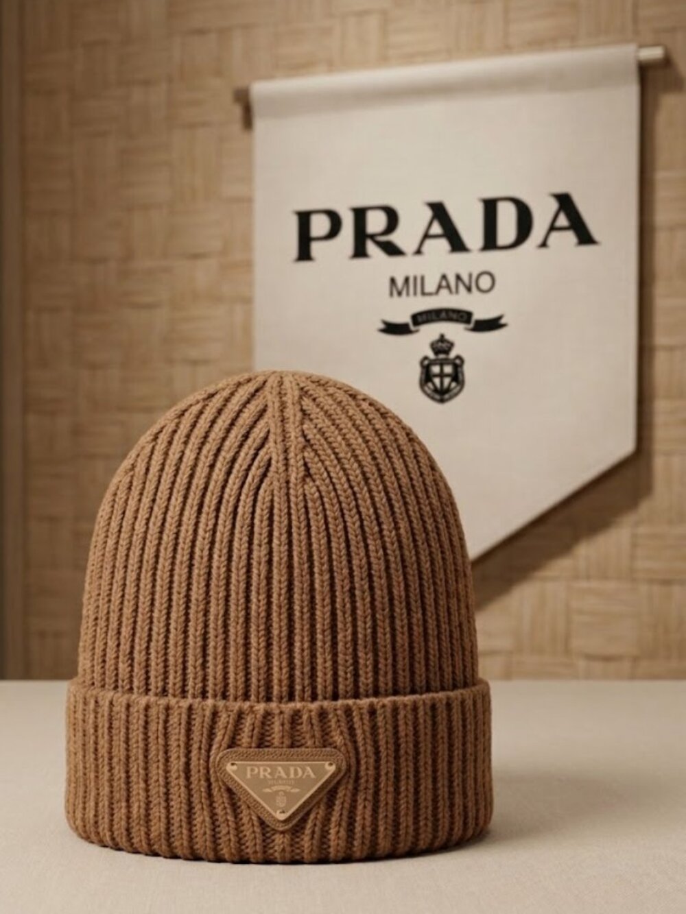 PRADA Ribbed Beanie Cap in Lux Tan - (Unisex) NWOT